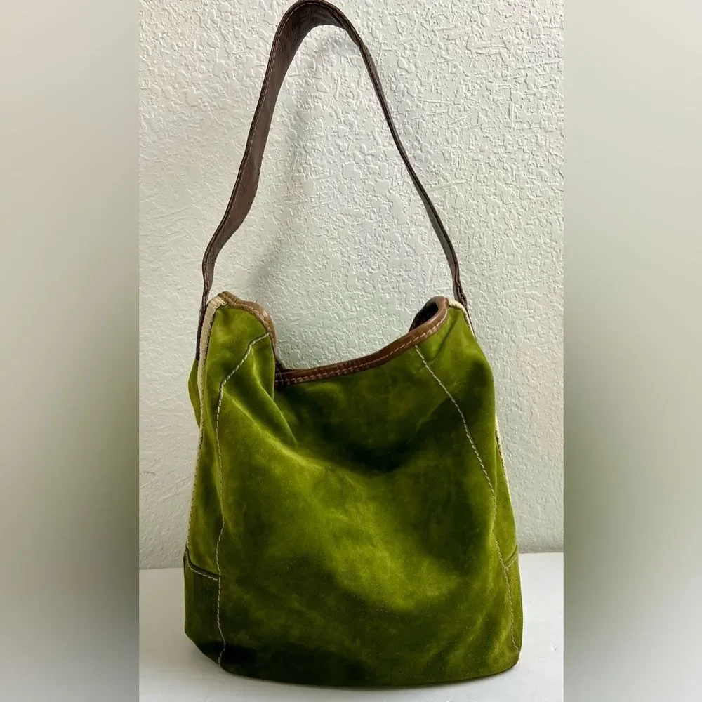 Vintage Ruehl No. 925 Green Suede and Brown Leather Tote